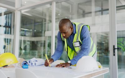 Serious architecture man drawing blueprint lines with design process, planning development and builder project tools. Floor plan construction and focus of engineer black person or business contractor
